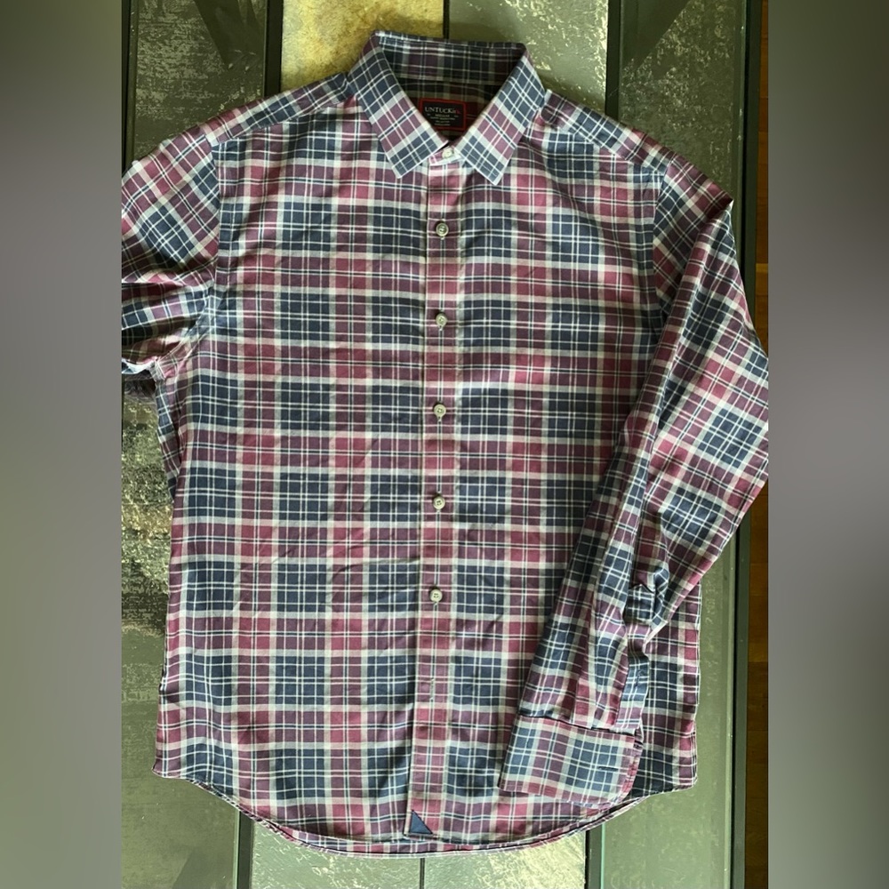 Untuckit Shirt Medium Like New Cotton Flannel Slim Fit Wrinkle Free Purple Blue